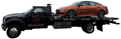 Certified Towing Authority flatbed tow truck carrying a car